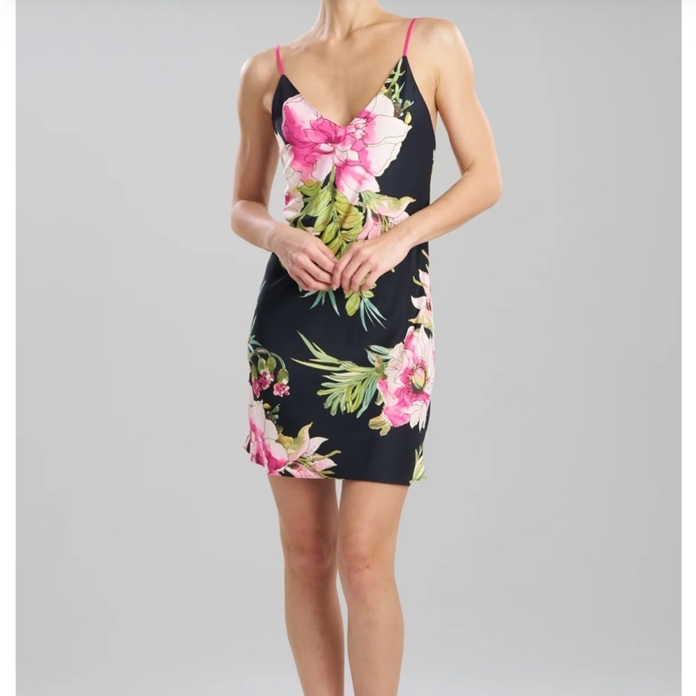 Natori Black Slip Nightgown with Pink Floral Design | S